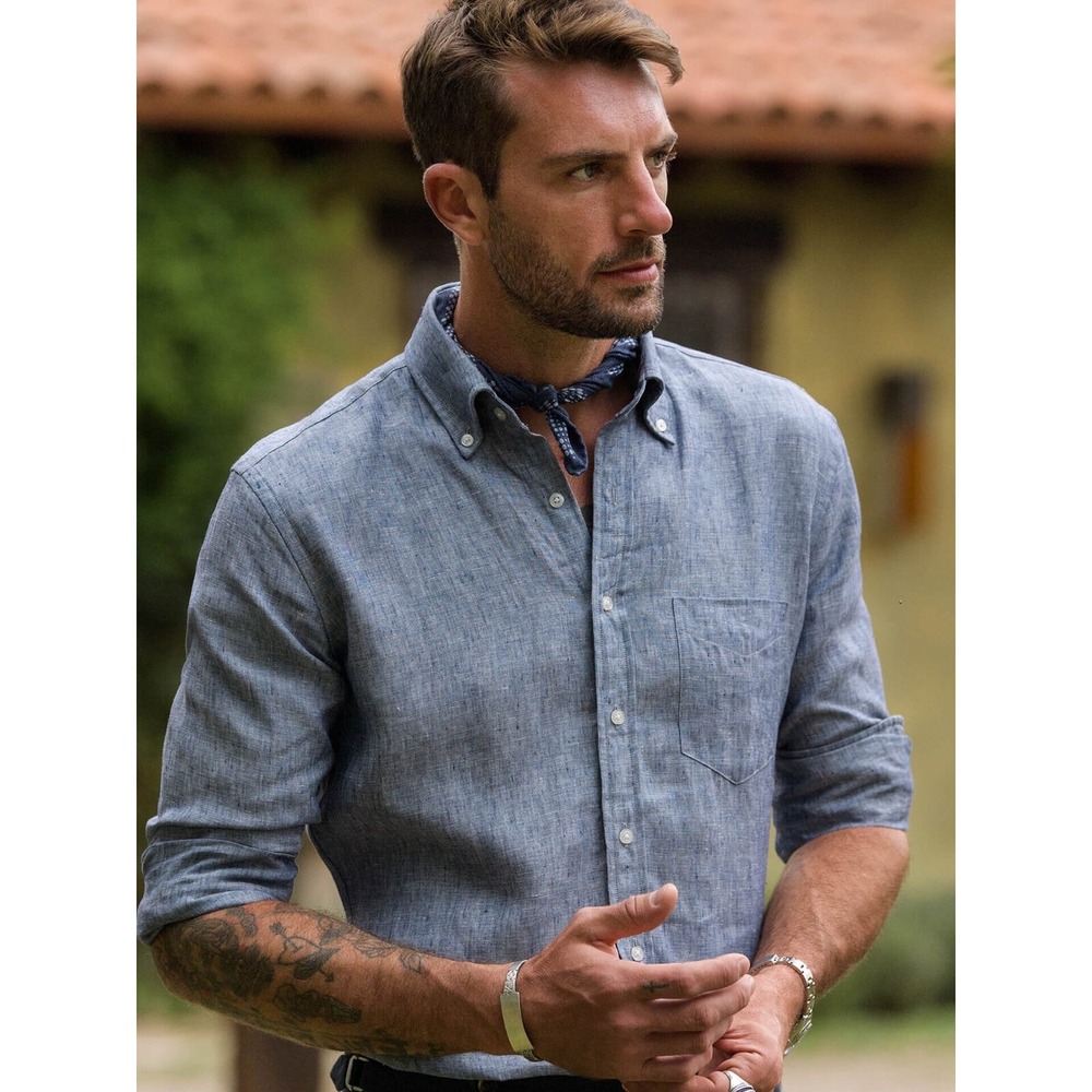 Proper Cloth Button-Up Shirt‎ Positano Chambray Blue Linen Casual Preppy